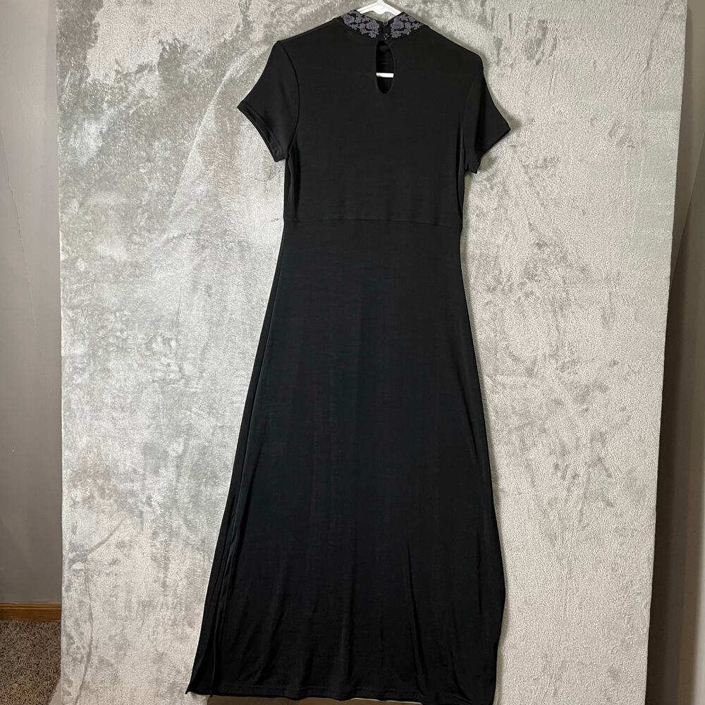 Vintage Y2K Black Gothic Maxi Dress Floral‎ Mandarin Collar Dark Romance Medium - Picture 4 of 7